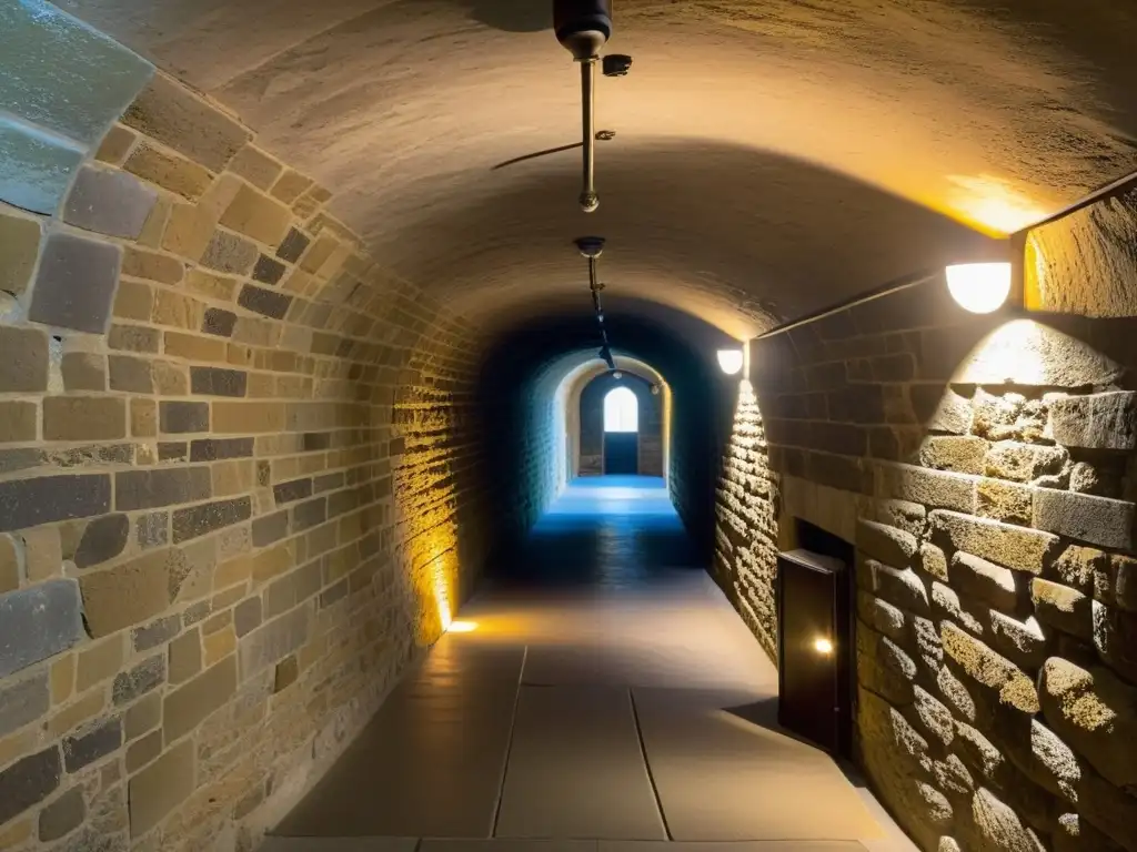 Un túnel histórico iluminado, con detalles de piedra destacados por luz cálida