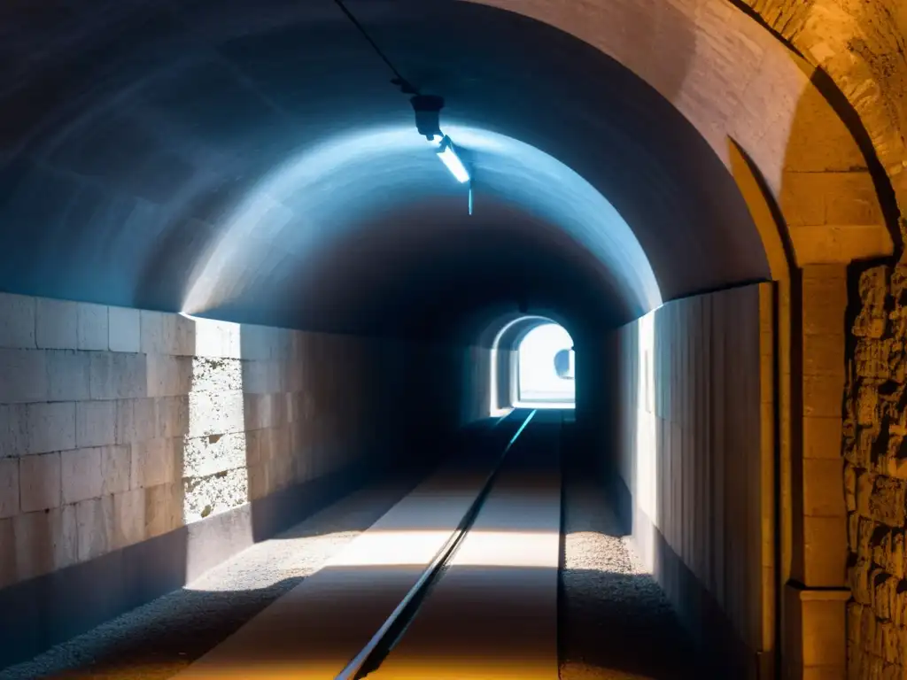 Un túnel histórico iluminado dramáticamente con elementos de realidad aumentada, evocando misterio y texturas antiguas