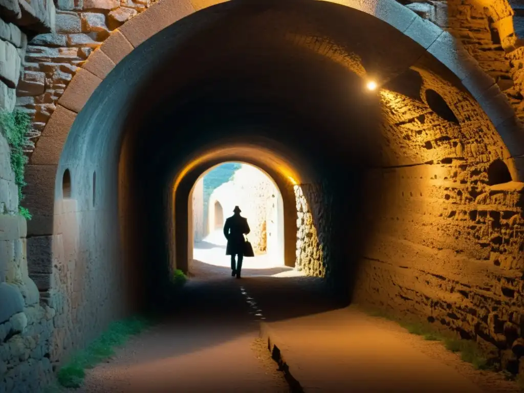 Explorando un túnel histórico iluminado suavemente, con figuras misteriosas en la distancia