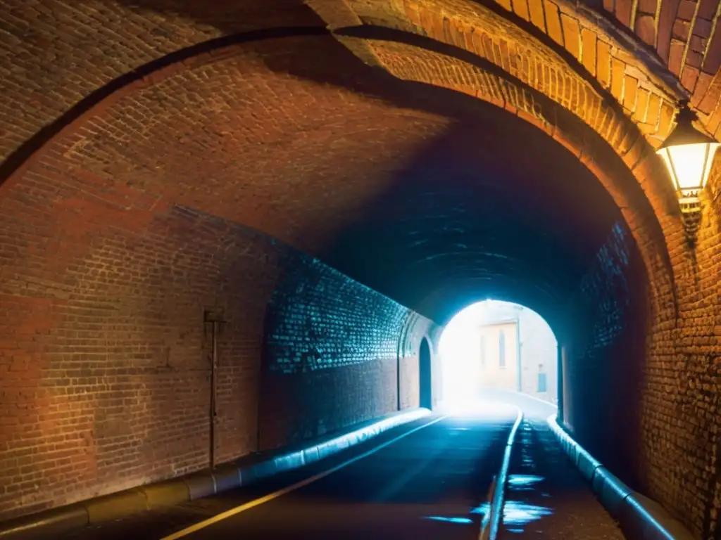 Un túnel histórico iluminado de forma cálida, con intrincada albañilería y arcos