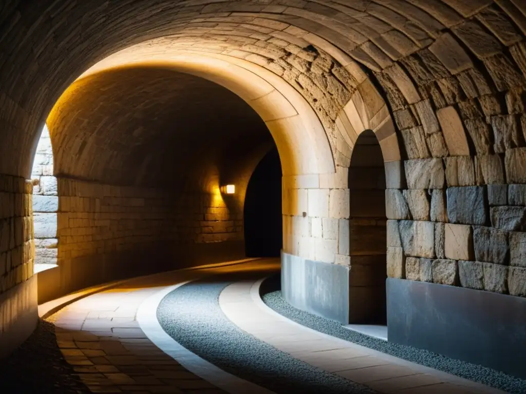 Un túnel histórico iluminado de forma cautivadora, resaltando su belleza ancestral con técnicas de iluminación modernas