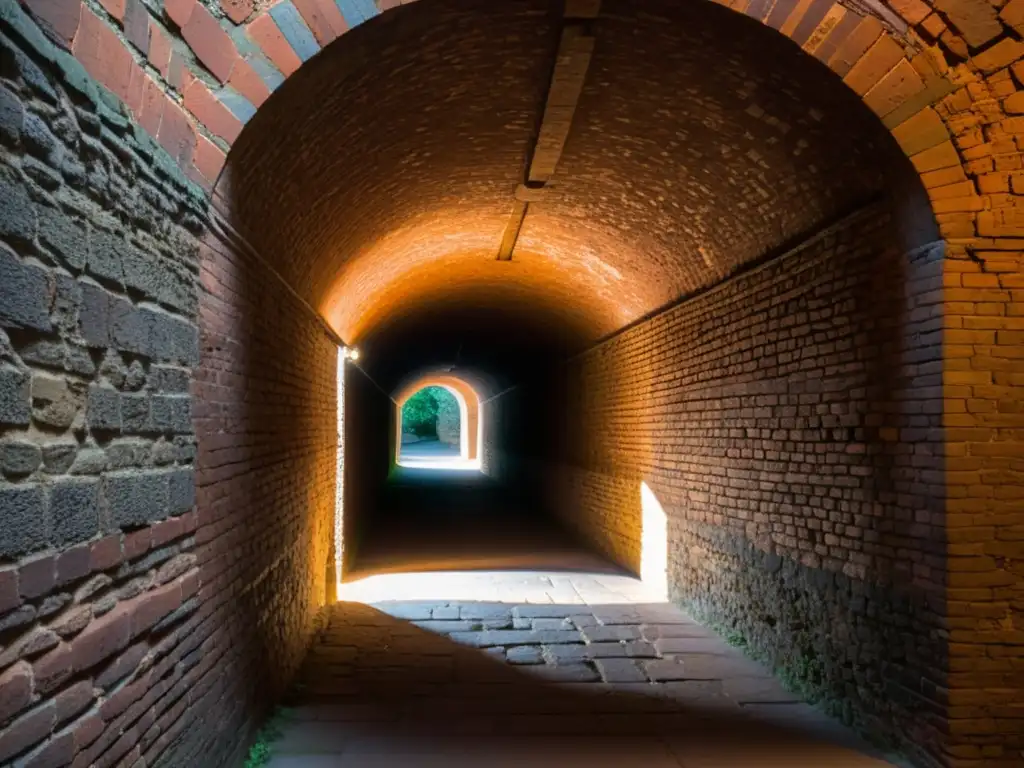 Un túnel histórico iluminado suavemente, con ladrillos y arcos antiguos