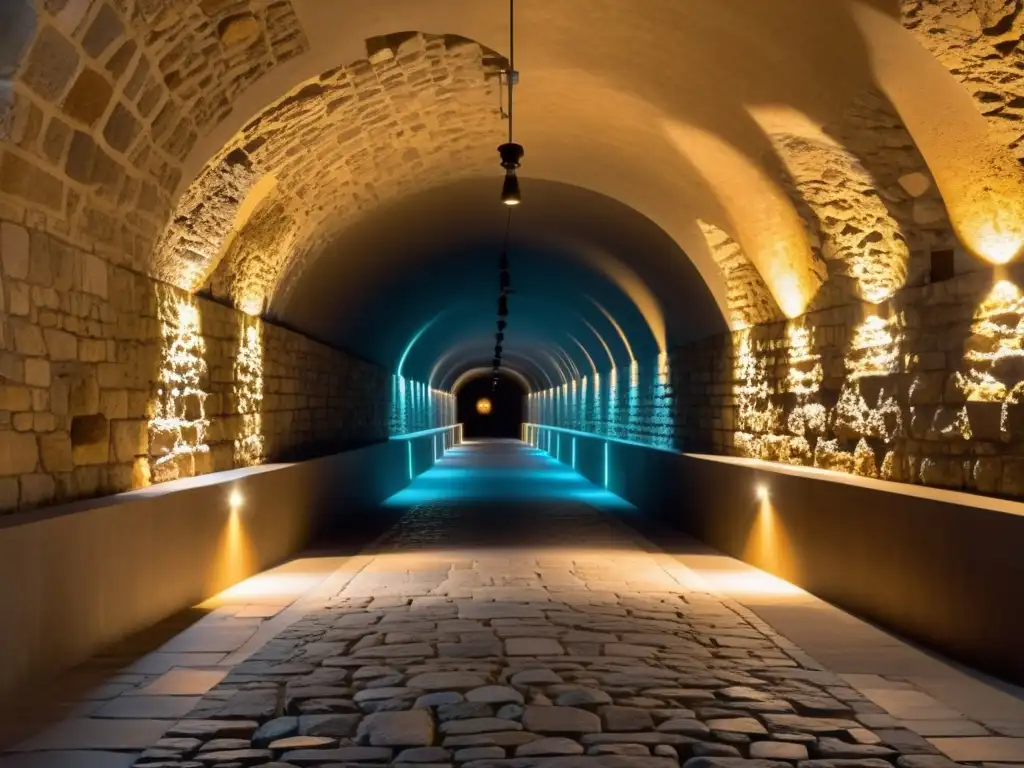 Un túnel histórico iluminado con lámparas sostenibles, resaltando su belleza arquitectónica con una cálida y acogedora luz