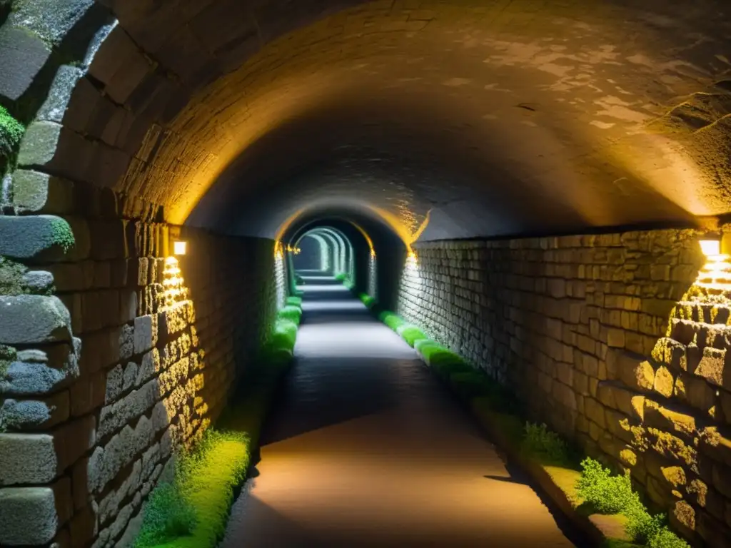 Un túnel histórico iluminado con tecnología LED cálida, destacando la textura de las paredes de piedra antigua