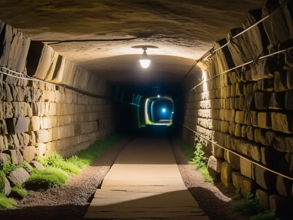 Un túnel histórico iluminado por una linterna, con mensajes clandestinos y artefactos antiguos