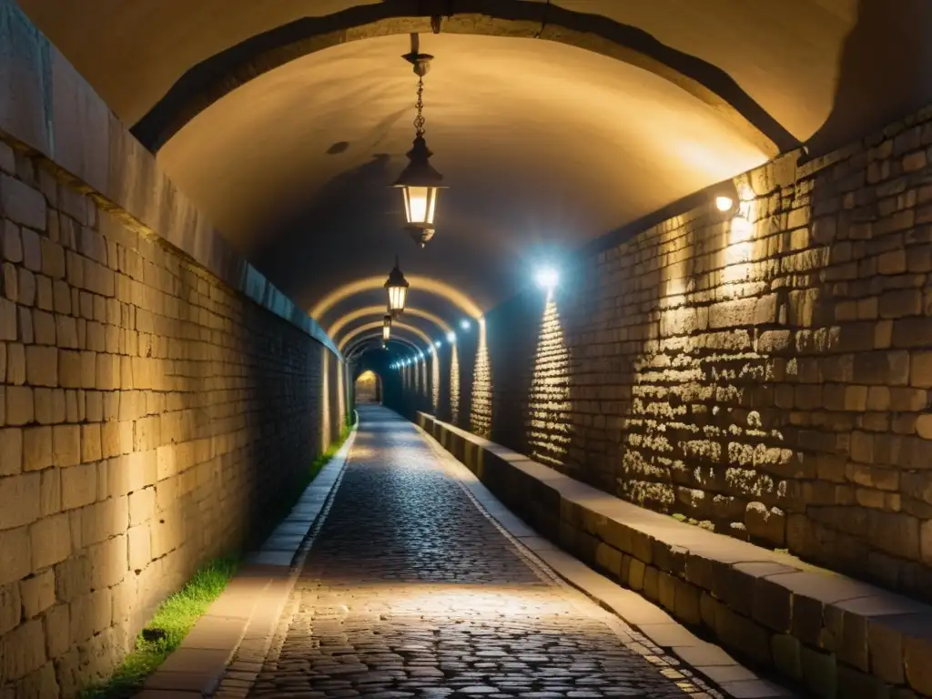 Un túnel histórico iluminado con linternas antiguas y accesible para todos, fusionando historia y modernidad