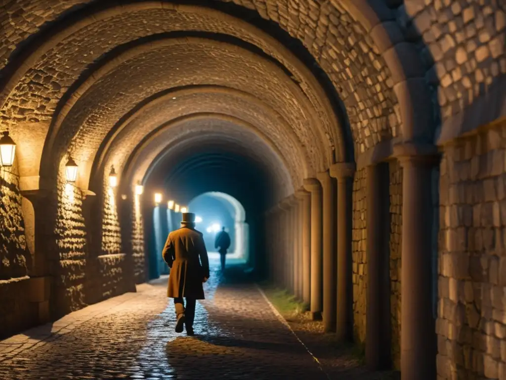 Un túnel histórico iluminado con linternas, mostrando la arquitectura detallada y un detector de metales