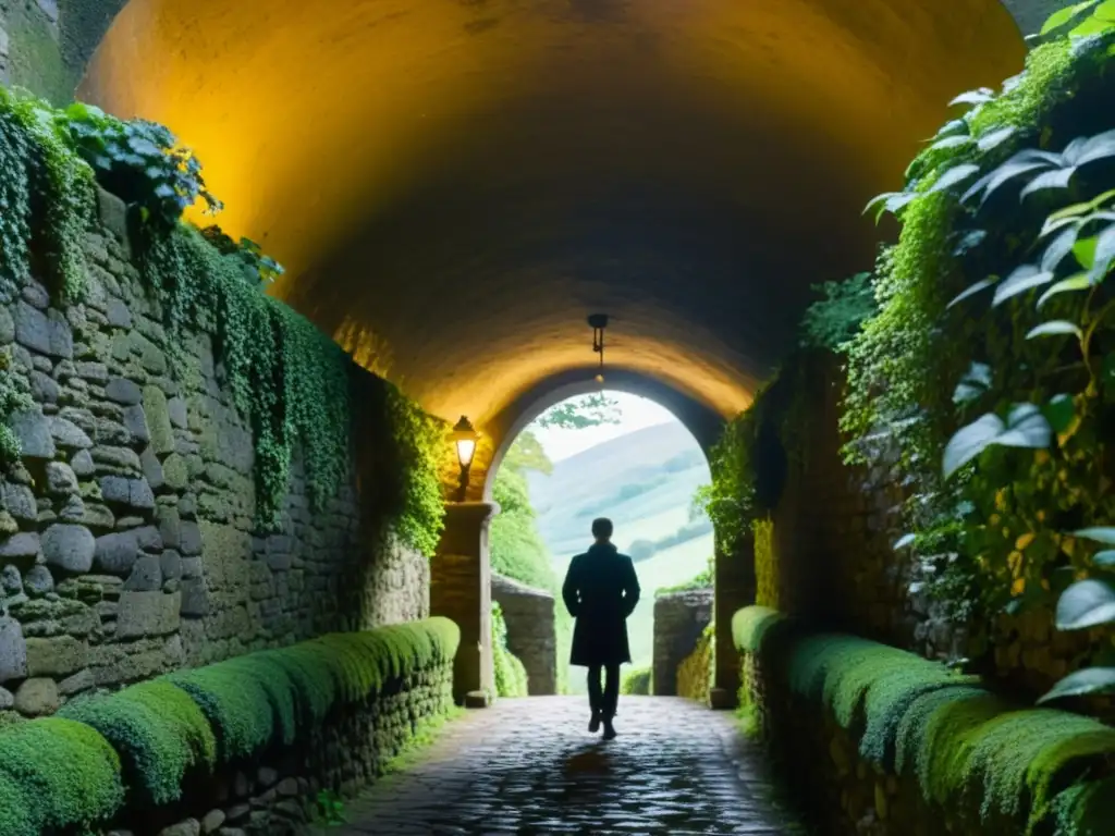 Explorando un túnel histórico, iluminado por luz dorada, con paredes cubiertas de musgo y enredaderas