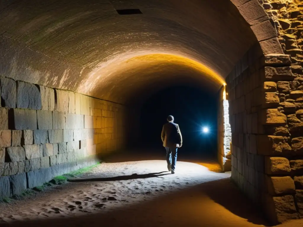 Un túnel subterráneo histórico iluminado por una luz cálida, con una figura en la entrada, invita a la exploración de sus misteriosas profundidades