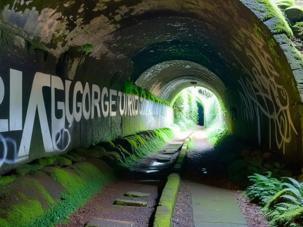 Un túnel histórico subterráneo, iluminado débilmente, con paredes de piedra cubiertas de musgo y grafitis de diferentes épocas