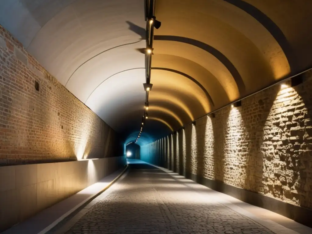 Un túnel histórico iluminado con suave luz cálida, resaltando detalles arquitectónicos