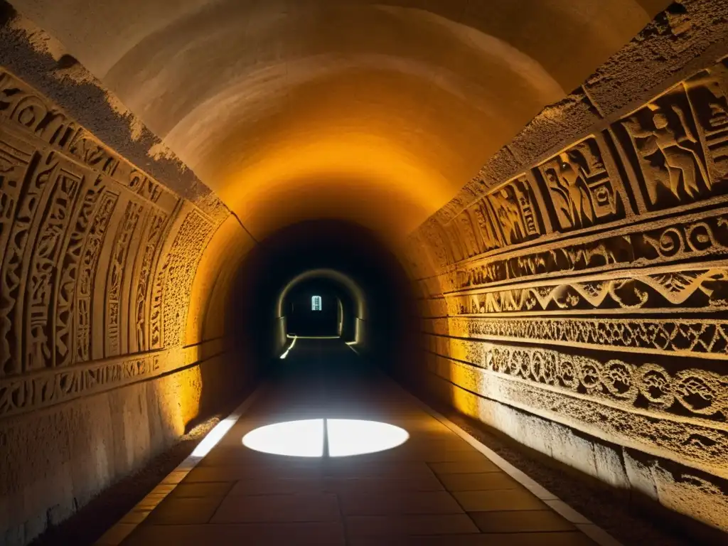 Un túnel histórico iluminado con técnicas avanzadas, revelando su antigua arquitectura y carvings