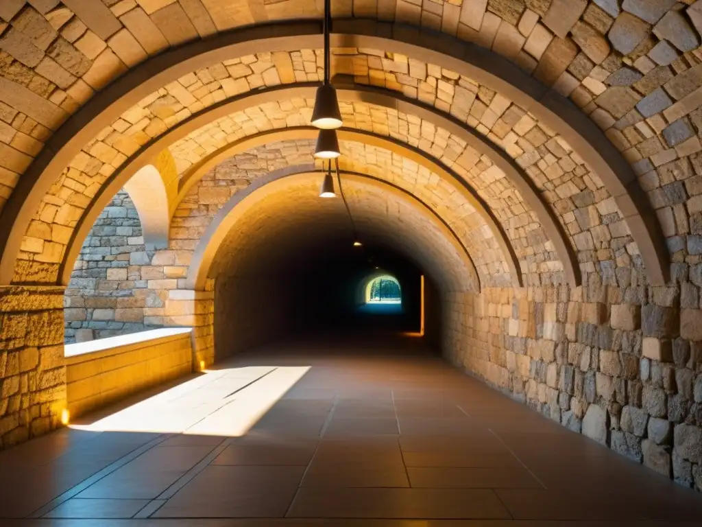 Un túnel histórico subterráneo iluminado con técnicas de iluminación, resaltando la arquitectura y la atmósfera misteriosa del lugar