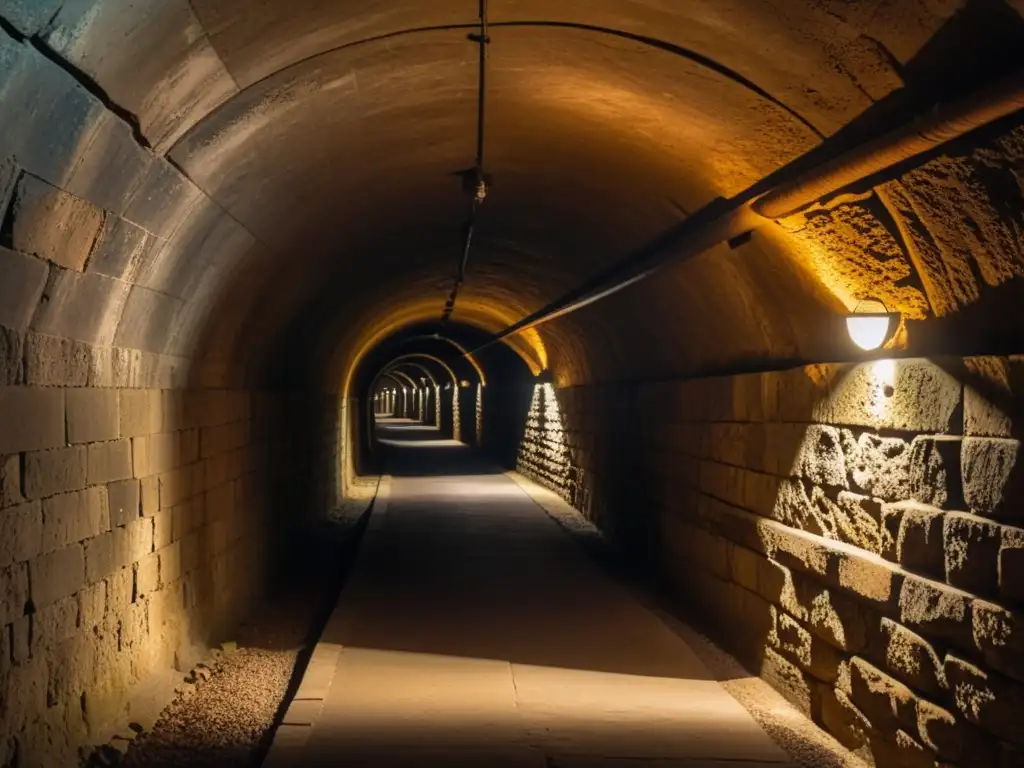 Un túnel histórico subterráneo iluminado por tenue luz, lleno de artefactos antiguos y arquitectura milenaria