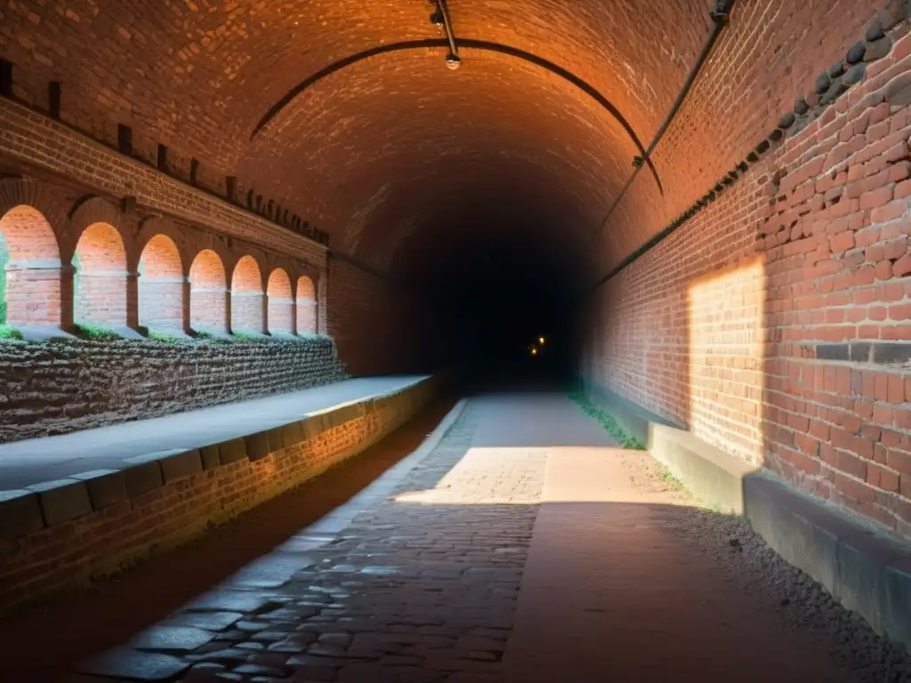 Un túnel histórico con intrincada albañilería, arcos y luz tenue