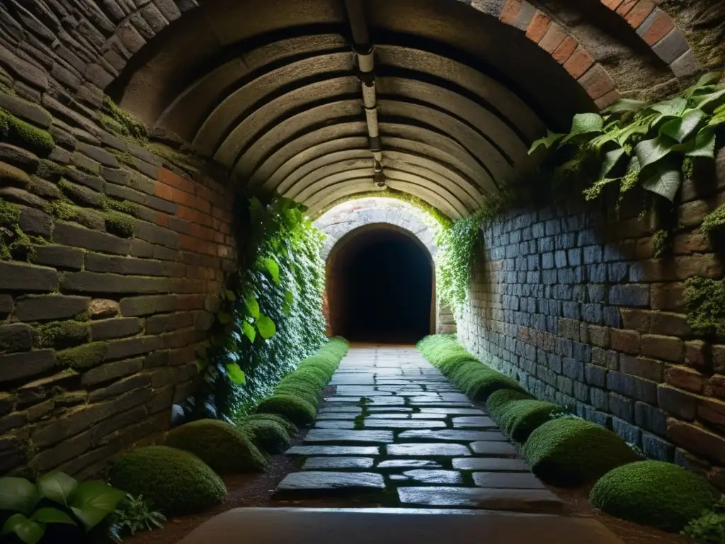 Un túnel histórico de piedra y ladrillo, iluminado por la tenue luz y cubierto de musgo y hiedra