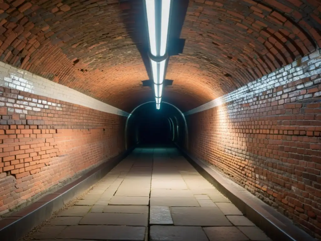 Un túnel histórico subterráneo con ladrillos detallados, iluminación tenue y un aire de misterio y significado histórico