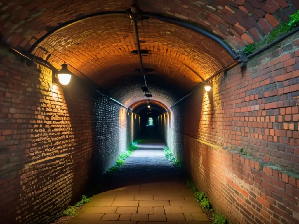 Un túnel histórico con ladrillos intrincados y luz tenue, evocando misterio y antigüedad