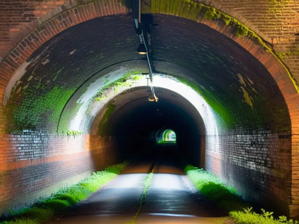 Fotografía de un túnel histórico con luz tenue, paredes de ladrillo cubiertas de musgo y una atmósfera misteriosa y evocadora de historia