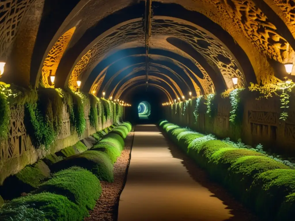 Un túnel histórico con maravillas subterráneas, iluminado por antorchas con antiguas carvings y símbolos en las paredes