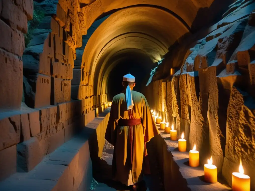 Pilgrims atraviesan un túnel histórico en las montañas, iluminado por velas en rutas religiosas