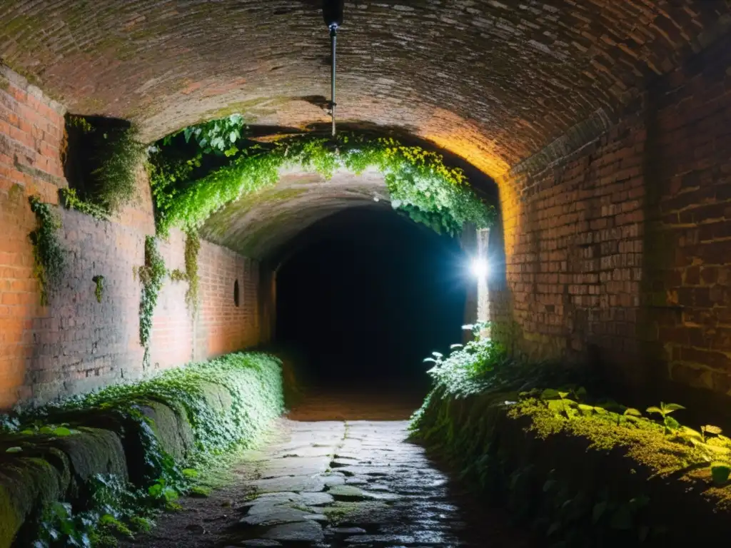 Un túnel histórico con paredes de ladrillo cubiertas de musgo y hiedra