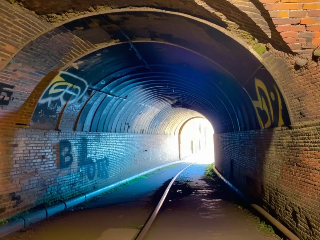 Un túnel histórico en penumbra con ladrillos intrincados, grafitis y artefactos rotos