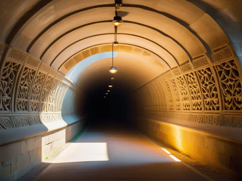 Un túnel histórico de piedra iluminado por cálida luz, evocando misterio y belleza