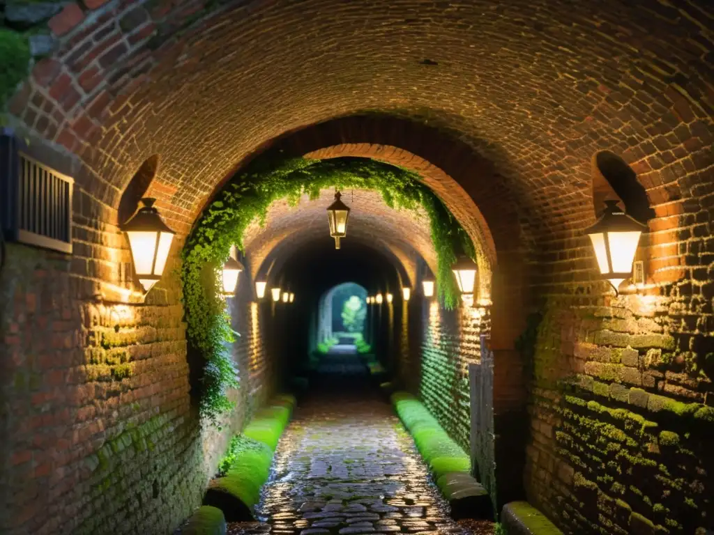 Un túnel histórico de piedra iluminado por antiguas linternas, con muros húmedos y musgosos