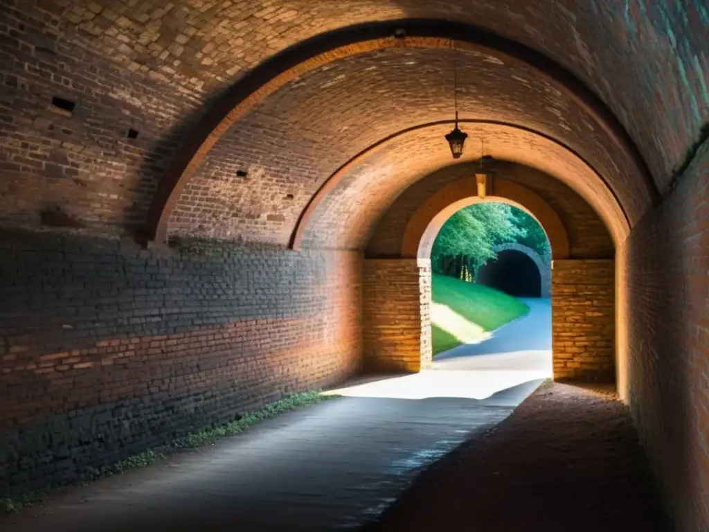 Fotografía de un túnel histórico con texturas de ladrillo desgastado, luces y sombras dramáticas, evocando misterio y encanto atemporal