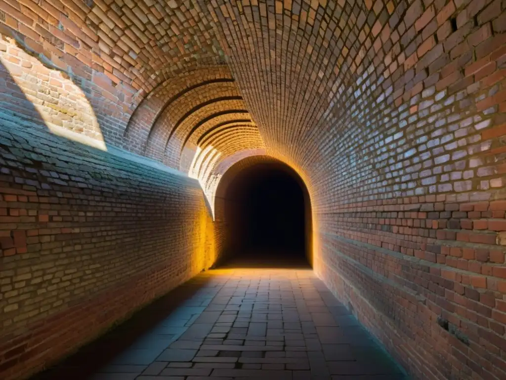 Una fotografía de túnel iluminado por cálida luz dorada, con ladrillos y arcos creando un patrón hipnótico