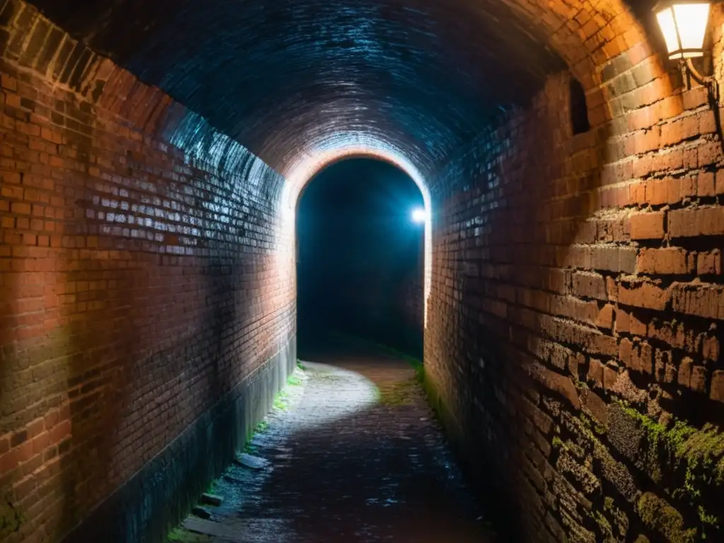 Fotografía de un túnel largo y estrecho con iluminación tenue, sombras dramáticas y atmósfera misteriosa