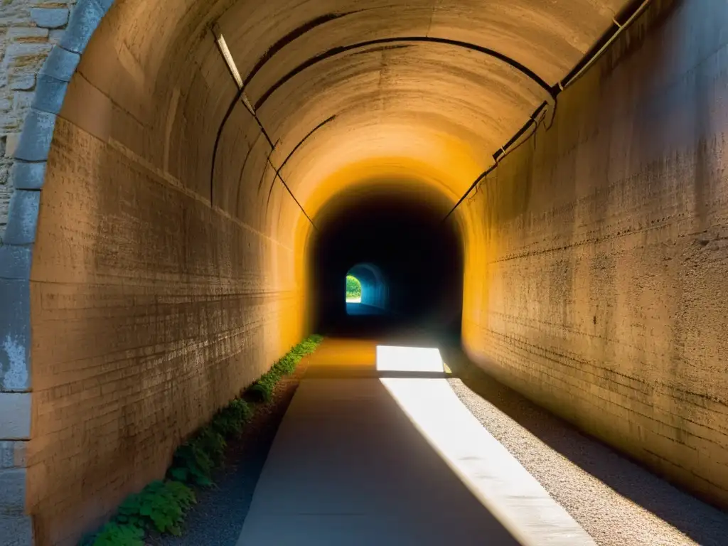 Un túnel largo y sinuoso con paredes rugosas y desgastadas, iluminado por una luz suave y cálida que crea sombras dramáticas