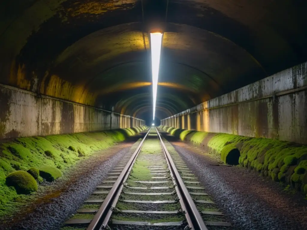 Un túnel lúgubre y claustrofóbico se extiende en la distancia, con paredes cubiertas de musgo húmedo y en descomposición