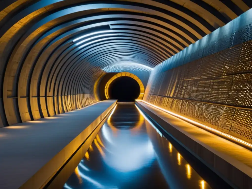 Un túnel subterráneo masivo construido con materiales reciclados, iluminado por una cálida luz, mostrando su innovadora construcción sostenible