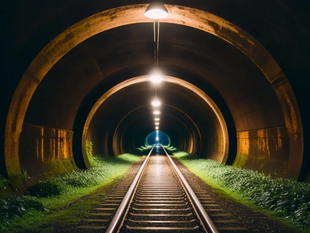 Desolado túnel de metal y musgo en la oscuridad Un túnel misterioso y oscuro, con vías de tren oxidadas y luz tenue, evoca series de misterio y suspenso