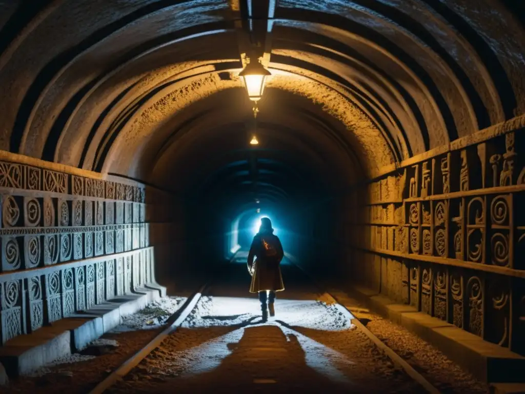 Exploración en un túnel misterioso con símbolos iluminados por una linterna, evocando intriga y aventura