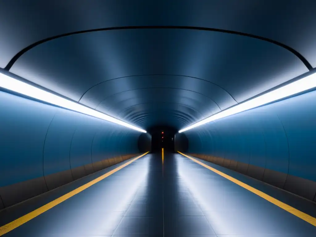 Un túnel subterráneo moderno iluminado por luces LED energéticamente eficientes, creando un ambiente misterioso y sostenible