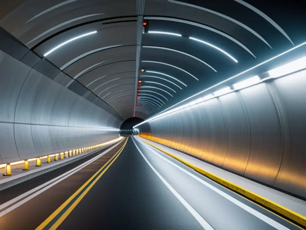 Un túnel moderno con tecnología de vanguardia, iluminado por luz natural y con características de seguridad y sostenibilidad destacadas