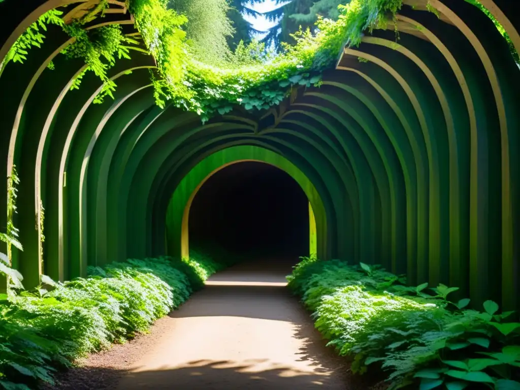 Un túnel natural en un exuberante bosque, con árboles entrelazados formando un pasadizo mágico