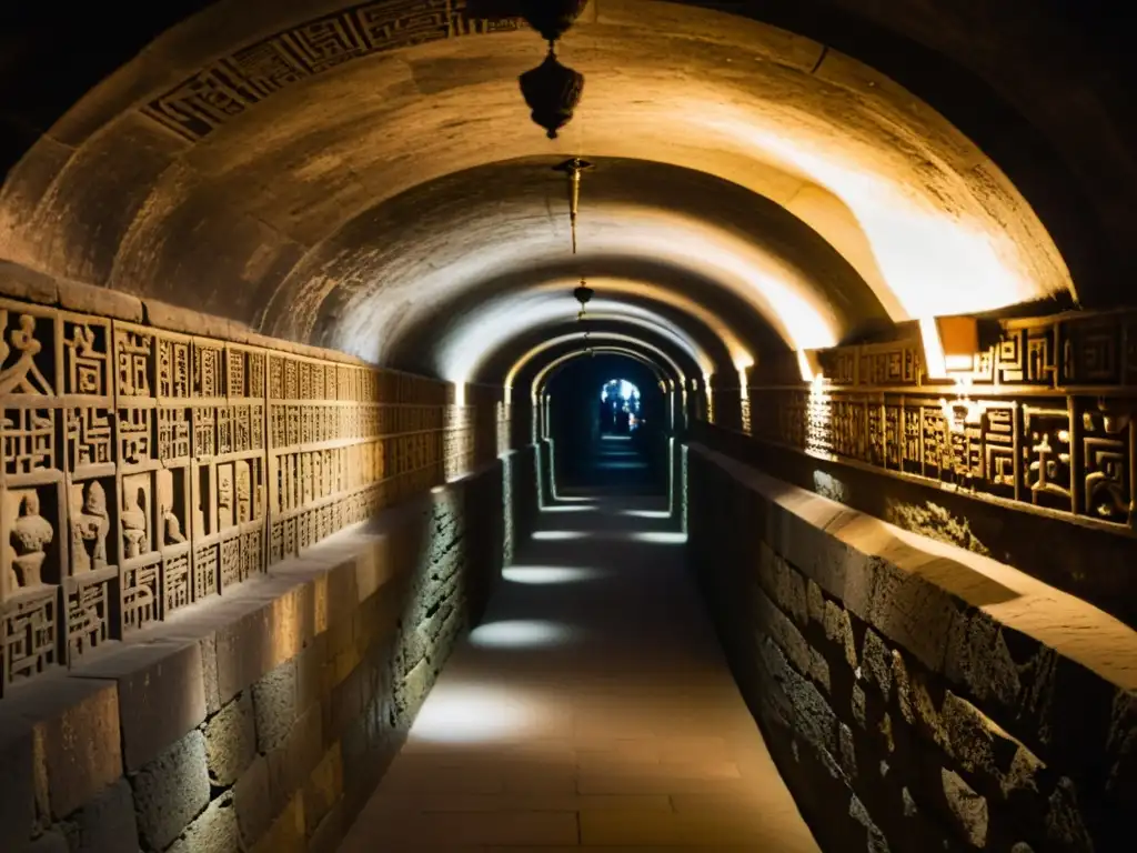 Un túnel oscuro y estrecho bajo la antigua China, con intrincadas decoraciones de escenas secretas