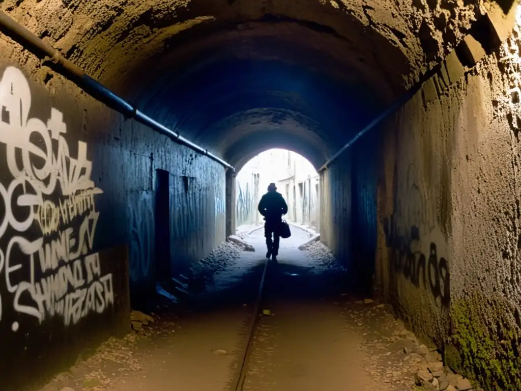 Un túnel oscuro y estrecho, marcado por la historia de la guerra civil española, con paredes graffiteadas y restos de velas