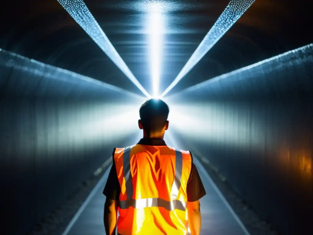 Un túnel oscuro iluminado por un haz de luz, destacando la importancia de chalecos reflectantes y la visibilidad en entornos de baja visibilidad