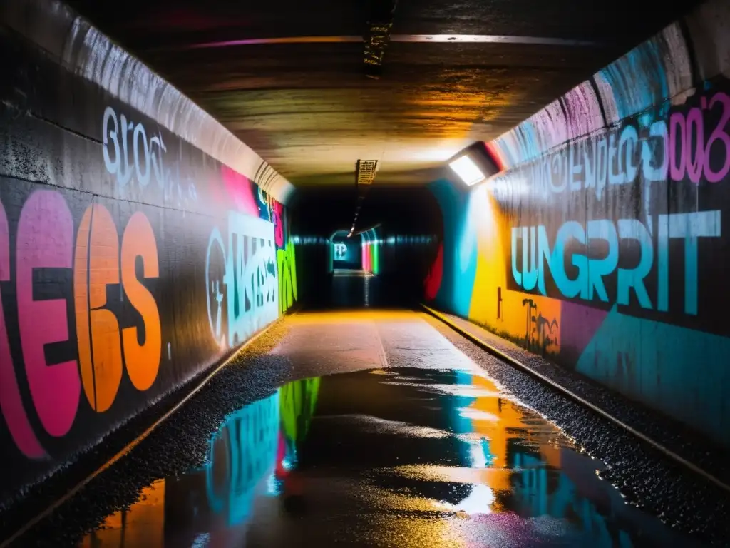 Un túnel oscuro con intrincado graffiti, luces al final y una atmósfera surreal