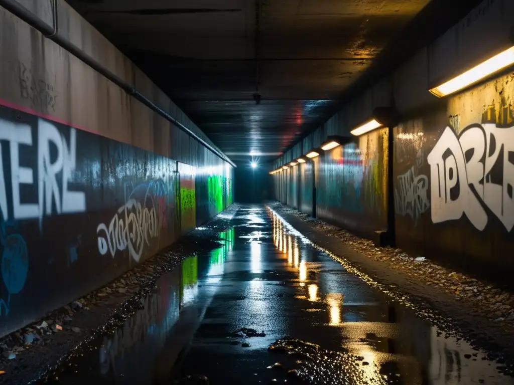 Un túnel oscuro y lúgubre iluminado por tenues luces