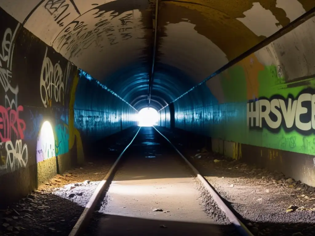 Un túnel oscuro y misterioso, cubierto de graffiti y pintura descascarada