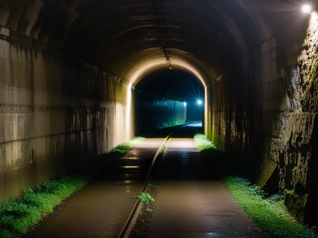 Túnel misterioso: explorando la oscuridad Un túnel oscuro y misterioso se aleja en la distancia, evocando la atmósfera de los túneles en series de misterio