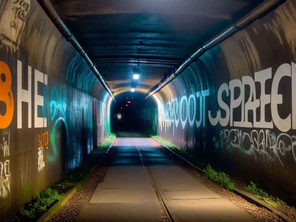 Un túnel oscuro y misterioso con luces parpadeantes que iluminan grafitis y símbolos, generando una atmósfera inquietante