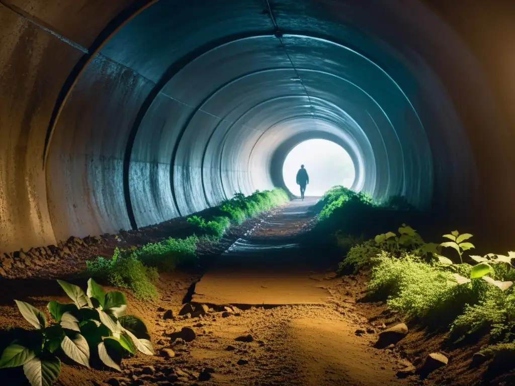 Un túnel oscuro y misterioso se extiende con raíces y escombros