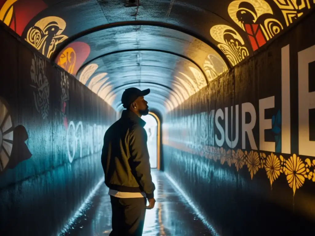 Un túnel oscuro con murales surrealistas iluminado por una luz tenue al final